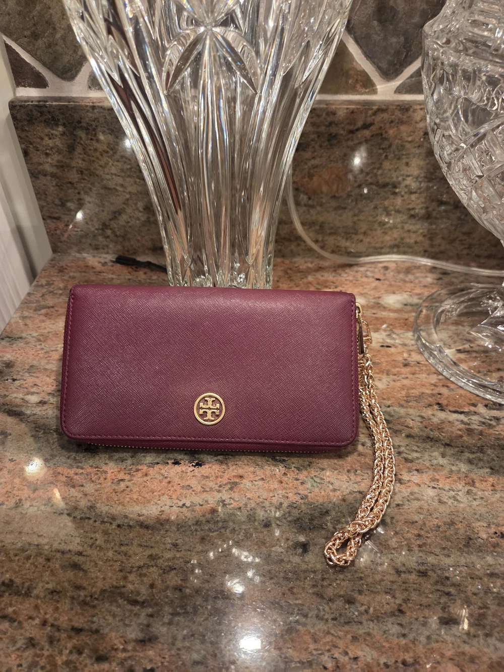 Tory Burch Burgundy Saffiano Leather Wristlet with Gold Chain